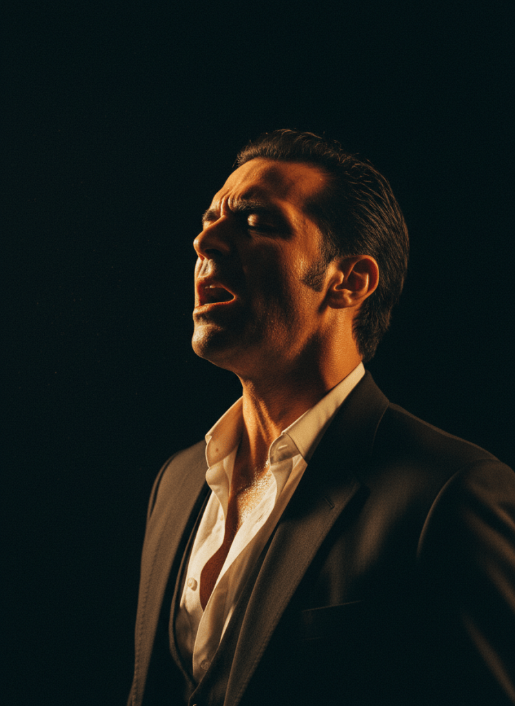 Portrait of a male flamenco singer (cantaor) mid-song, eyes closed, expressive face, warm golden dramatic lighting against a dark background. Cinematic, high contrast, emotional.