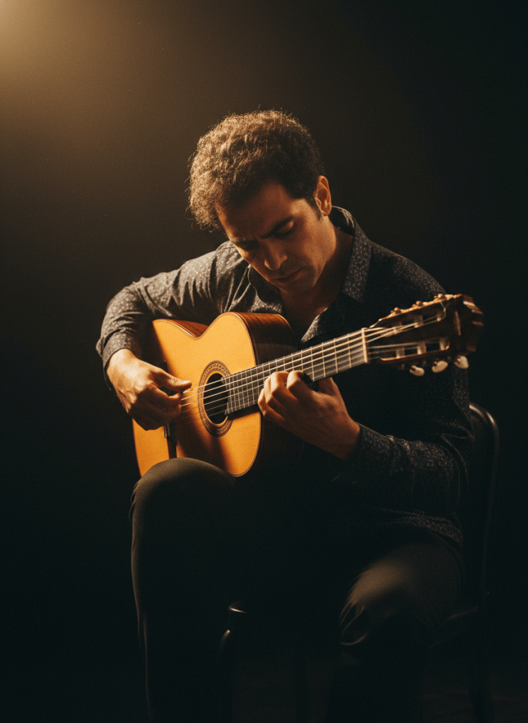 Dramatic portrait of a male flamenco guitarist playing intently, spanish guitar, black background, warm golden spotlight, deep shadows, cinematic editorial photography
