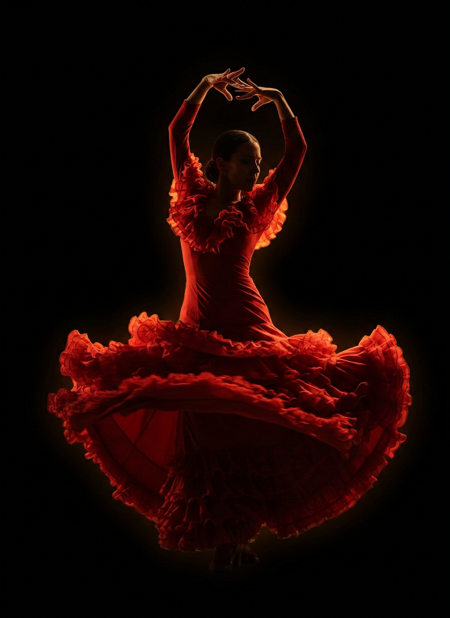 Cinematic dramatic portrait of a female flamenco dancer (bailaora) mid-movement with a flowing red ruffled dress, arms raised in expressive pose, moody chiaroscuro lighting, dark background, elegant and passionate, warm golden rim light