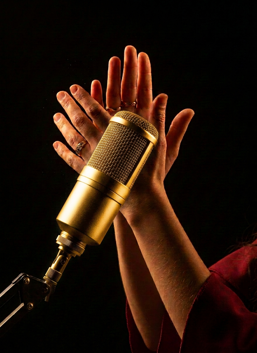 Two hands clapping with gold rings on fingers against black background